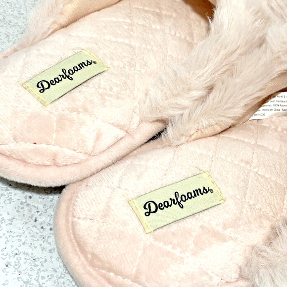 Dearfoams Pink Faux Fur Slippers Soft Crossover Padded Quilted Size L / 8-10 - Picture 6 of 9